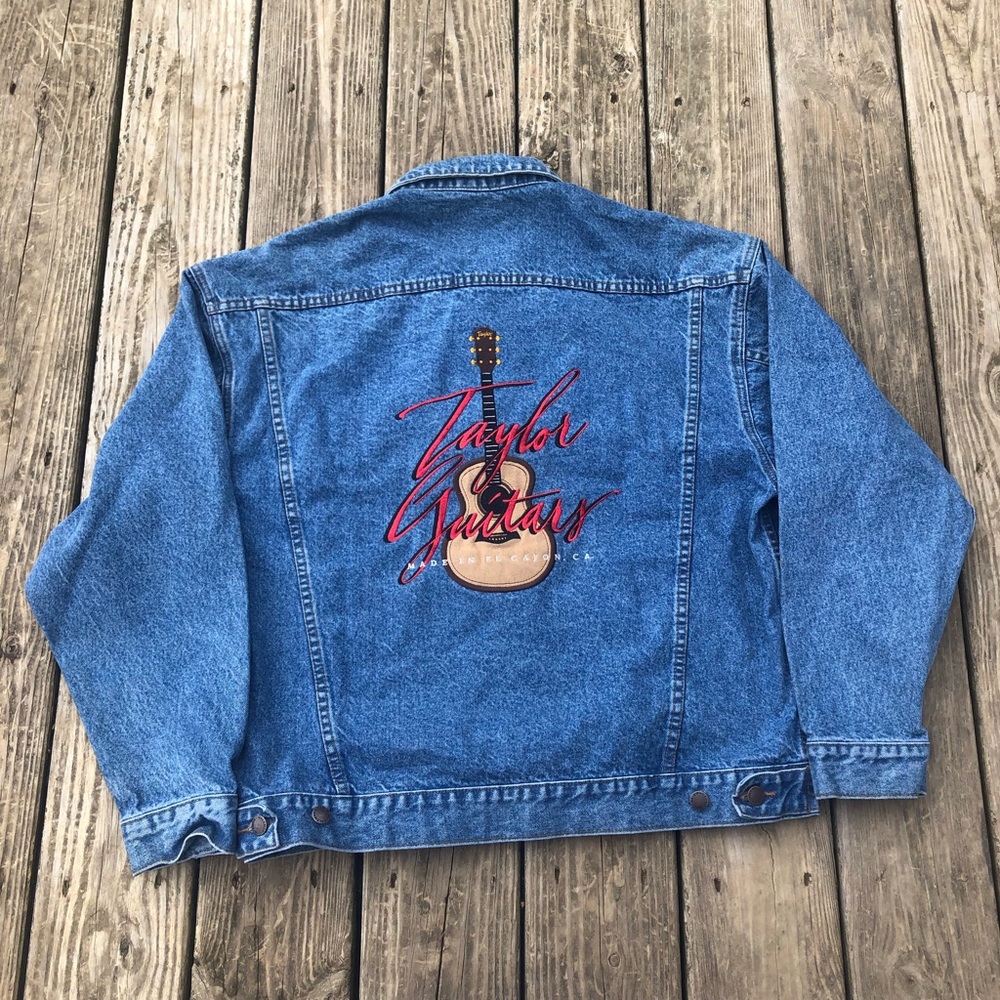 Vintage 90s Taylor Guitars Embroidered Trucker Denim Jacket Size Large - Picture 1 of 6